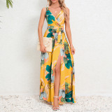 European and American summer women's clothing, Amazon new double V-neck sleeveless slit printed long suspender dress for women