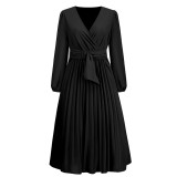 European and American foreign trade women's new long sleeved slim fit pleated belt V-neck dress cross-border Amazon A-line skirt