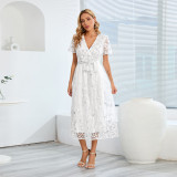 Cross border foreign trade women's clothing, large-sized embroidered bright silk mesh dress, fashionable slim fit V-neck, medium length dress