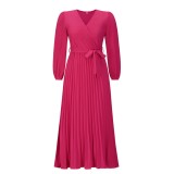 Autumn and winter foreign trade women's new V-neck long sleeved pleated A-line skirt cross-border Amazon mid length dress in Europe and America