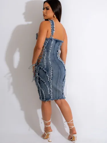 2024 New Fashion Slim Fit Elastic Denim Sexy One Piece Bra Sleeveless Splicing Dress Denim Short Skirt
