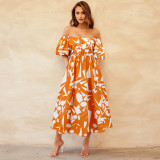 European and American Foreign Trade Sexy One line Neck Bubble Sleeve Printed Skirt Casual Fashion Big Show Elegant Dress Amazon