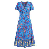 Sexy short sleeved V-neck dress Bohemian beach retro floral dress for women in summer