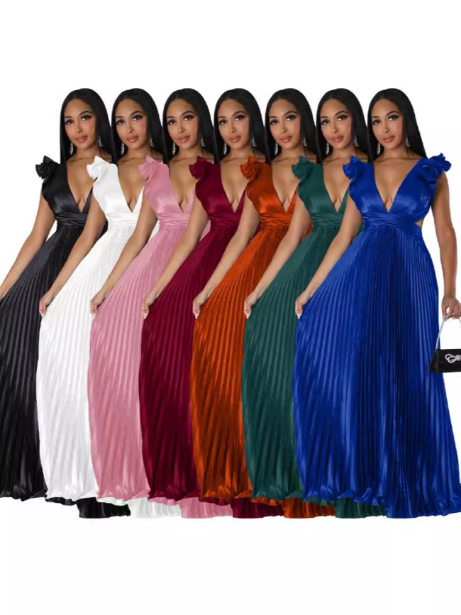 Women's New Fashion Solid Color Sexy Sleeveless Backless Lace up Deep V-pleated High Waist Dress for Women