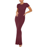 Summer New Fashion Style Elegant and Slim Fit Short Sleeve Round Neck Long Basic Dress for Women