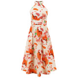 Sexy stand up collar sleeveless printed skirt, cross-border foreign trade women's clothing new mid length dress, popular in European and American foreign trade