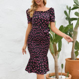 European and American foreign trade women's sexy buttocks wrapped floral skirt, summer tight and slim, ruffled edge temperament dress