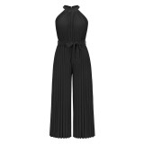 Sexy neck hanging sleeveless pleated jumpsuit for summer women's foreign trade new lace up slim fit pleated wide leg pants