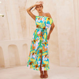Spring/Summer Cross border Amazon New Elegant Slim Fit Temperament Printed Skirt One line Neck Split Belt Dress