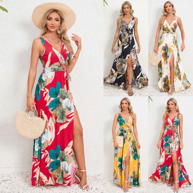 European and American summer women's clothing, Amazon new double V-neck sleeveless slit printed long suspender dress for women