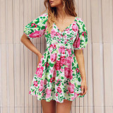 Cross border European and American women's summer new V-neck printed beach skirt lantern sleeve short dress popular