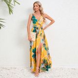 European and American summer women's clothing, Amazon new double V-neck sleeveless slit printed long suspender dress for women
