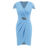 Summer new V-neck pleated waistband V-neck short sleeved dress sexy, elegant, and elegant, showcasing temperament. Short skirts are popular in women's clothing