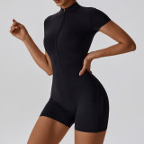 Summer zippered short sleeved yoga jumpsuit for women's dance, fitness, and tight fitting sports jumpsuit