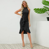 Hot selling European and American women's clothing, Amazon cross-border sexy buttocks, slim fit standing collar, sleeveless ruffled fishtail dress