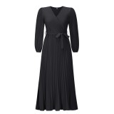 Autumn and winter foreign trade women's new V-neck long sleeved pleated A-line skirt cross-border Amazon mid length dress in Europe and America