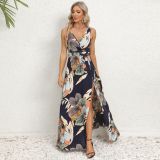 European and American summer women's clothing, Amazon new double V-neck sleeveless slit printed long suspender dress for women