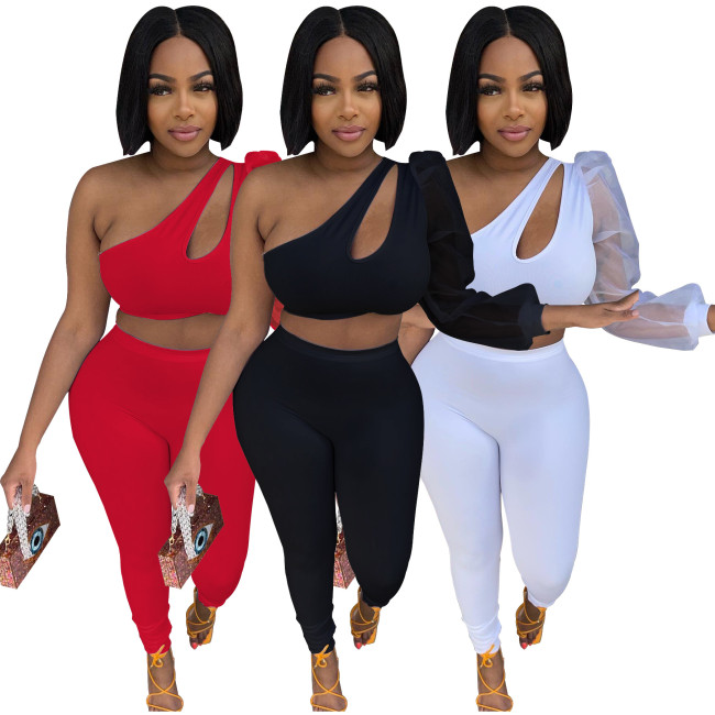 Women's summer mesh single sleeve elastic two-piece set, solid color sexy single shoulder casual women's clothing