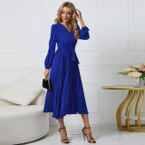 European and American foreign trade women's new long sleeved slim fit pleated belt V-neck dress cross-border Amazon A-line skirt
