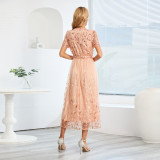 Cross border foreign trade women's clothing, large-sized embroidered bright silk mesh dress, fashionable slim fit V-neck, medium length dress