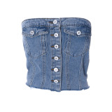 Summer New Fashion Street Trend Denim Elastic Wrapped Chest Button Top