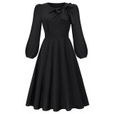 Amazon Long sleeved Dress, European and American Foreign Trade Autumn and Winter New Round Neck Bow A-line Mid length Skirt