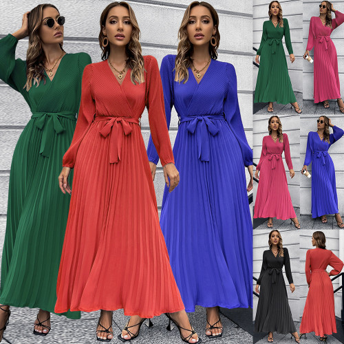 Autumn and winter foreign trade women's new V-neck long sleeved pleated A-line skirt cross-border Amazon mid length dress in Europe and America