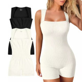 Women's 2-piece jumpsuit yoga elastic lace up square neck sleeveless sports jumpsuit