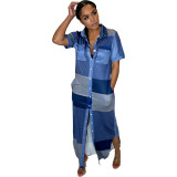 Women's contrasting checkered button up shirt with a flip collar and large hem dress
