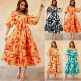 European and American Foreign Trade Sexy One line Neck Bubble Sleeve Printed Skirt Casual Fashion Big Show Elegant Dress Amazon