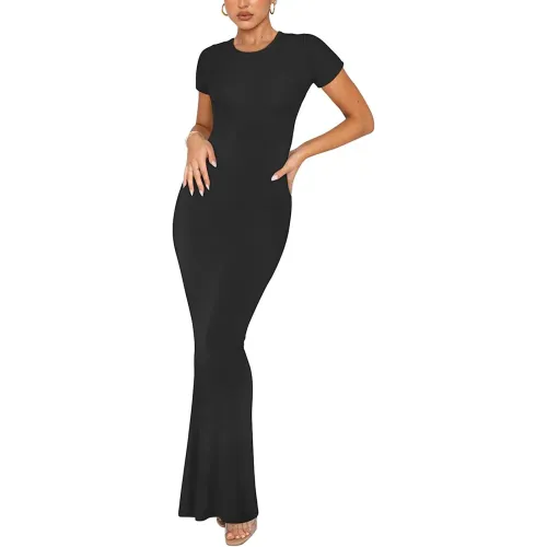 Summer New Fashion Style Elegant and Slim Fit Short Sleeve Round Neck Long Basic Dress for Women