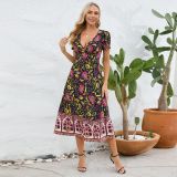 Sexy short sleeved V-neck dress Bohemian beach retro floral dress for women in summer