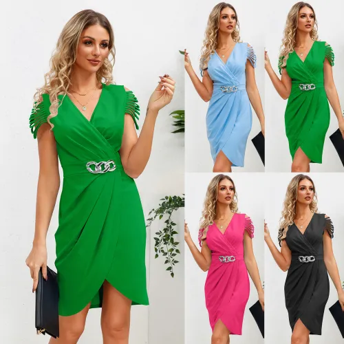 Summer new V-neck pleated waistband V-neck short sleeved dress sexy, elegant, and elegant, showcasing temperament. Short skirts are popular in women's clothing