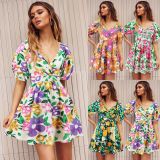 Cross border European and American women's summer new V-neck printed beach skirt lantern sleeve short dress popular