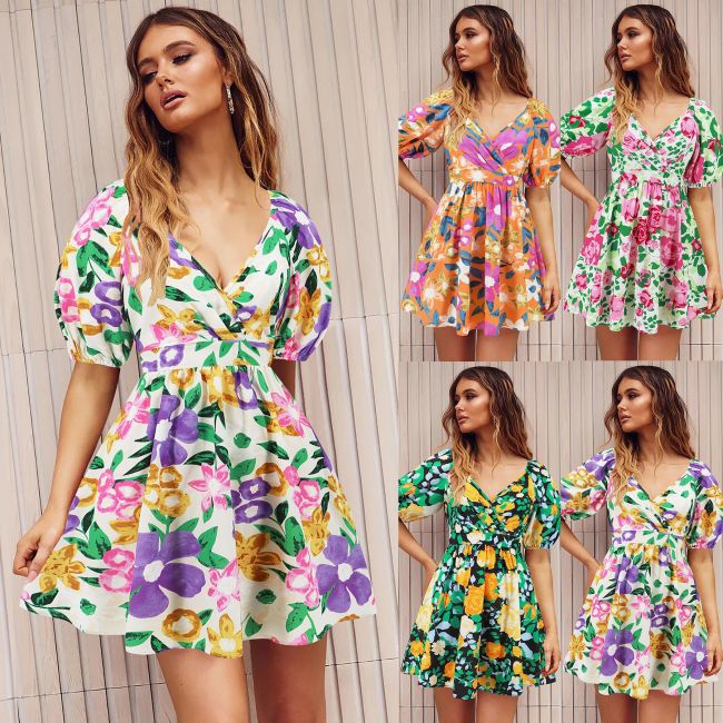 Cross border European and American women's summer new V-neck printed beach skirt lantern sleeve short dress popular