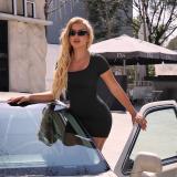2024 Women's sexy square neck tight fitting short elegant short sleeved ribbed dress