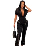 New fashion, sexy and personalized women's short sleeved flip collar, zippered pocket, work clothes, one piece long pants for women
