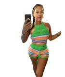 Summer Women's New Sweater Fashion Open Back Hanging Neck Top Wrapped Hip Tight Pants Set