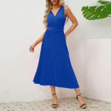 European and American cross-border women's clothing new sexy slim fit temperament V-neck pleated belt dress Amazon dress