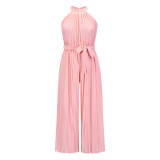 Sexy neck hanging sleeveless pleated jumpsuit for summer women's foreign trade new lace up slim fit pleated wide leg pants