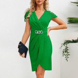 Summer new V-neck pleated waistband V-neck short sleeved dress sexy, elegant, and elegant, showcasing temperament. Short skirts are popular in women's clothing