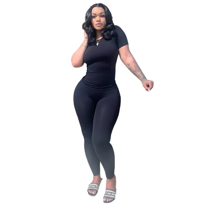 Large size sports two-piece set with pit stripes and high elasticity solid color set for women