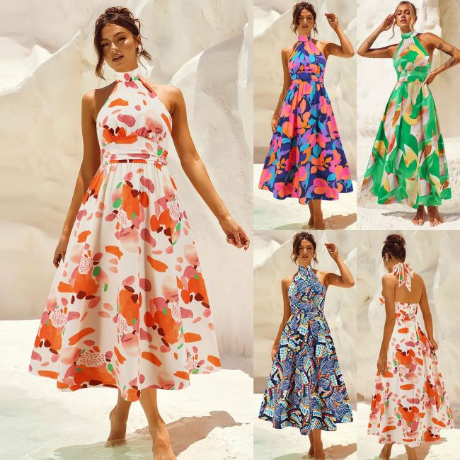 Sexy stand up collar sleeveless printed skirt, cross-border foreign trade women's clothing new mid length dress, popular in European and American foreign trade