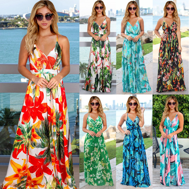 New European and American Spring/Summer Dresses Bohemian floral suspender long dresses Amazon foreign trade women's clothing in large sizes