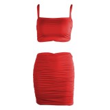 Summer sexy camisole small vest pleated wrap hip skirt two-piece set