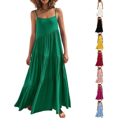 Summer women's loose solid color pleated irregular dress beach strap long skirt