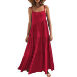 Summer women's loose solid color pleated irregular dress beach strap long skirt