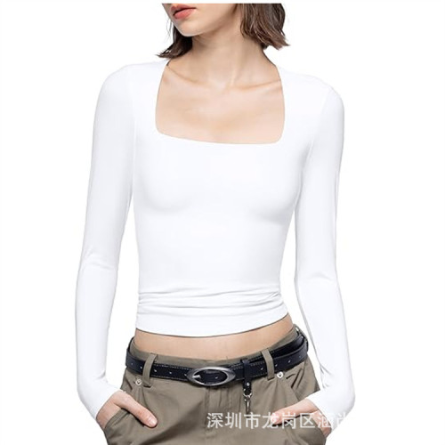 Cross border New Women's Fashion Casual Square Neck Slim Fit Long sleeved T-shirt Bottom