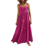 Summer women's loose solid color pleated irregular dress beach strap long skirt