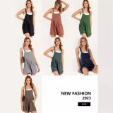 Women's bagged cotton and linen loose casual slimming wide leg jumpsuit shorts